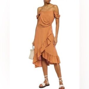 Maje Portefeuille Orange Ruffle Hem Faux Wrap Midi Dress Size 2 Party Vacation